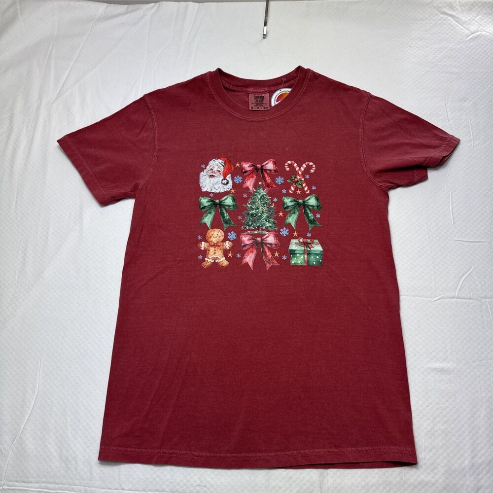 Comfort Color Christmas T Shirt Heavyweight Garment Dye Red Sz S Women Santa Bow